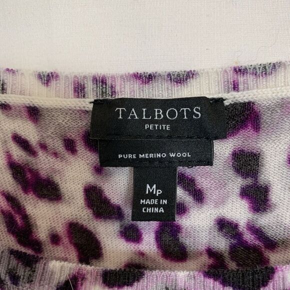 Talbots Womens Petite Medium Merino Wool Sweater Top Purple Leopard Long Sleeve - Picture 3 of 7